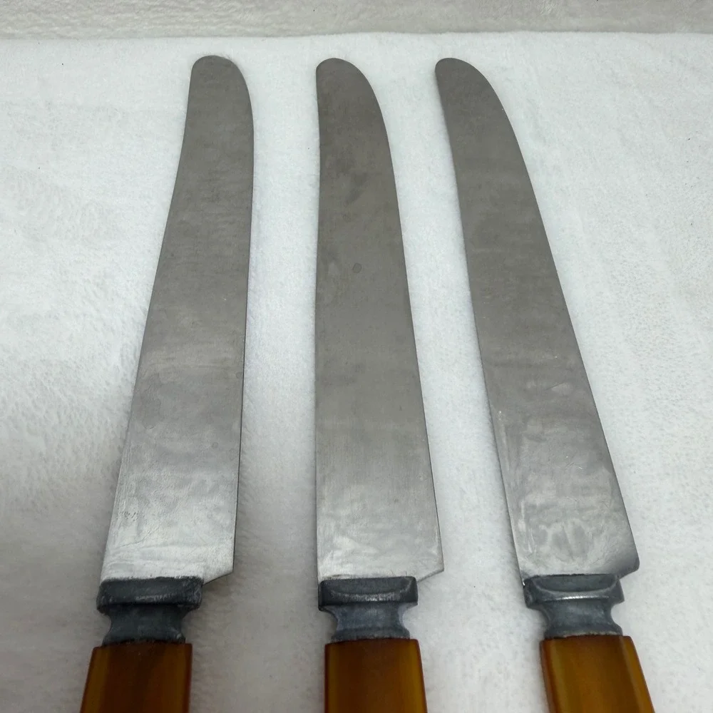 VTG Butterscotch Bakelite Handle Dinner Knives Art Deco Stainless Set of 3 MCM